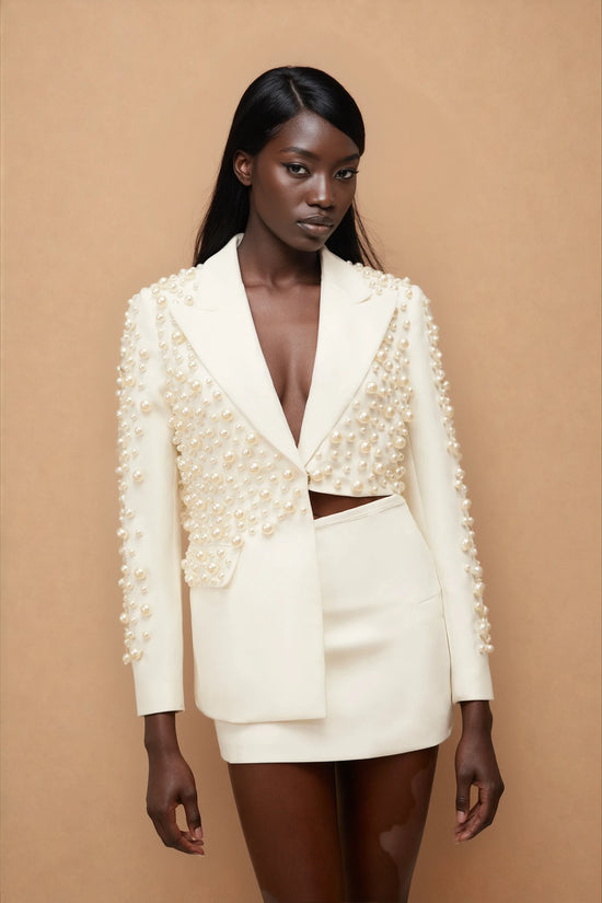 Joséphine White Faux Pearl Blazer & Skirt Set