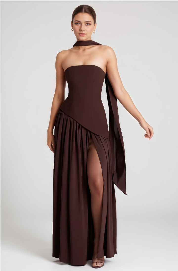 Paula Asymmetric High Slit Maxi Dress with Scarf - Plum Brown