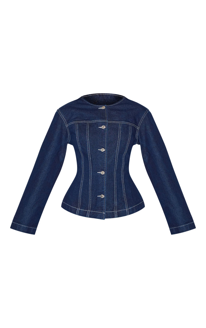 Indigo Round Neck Cinched Long Sleeve Denim Jacket image 5