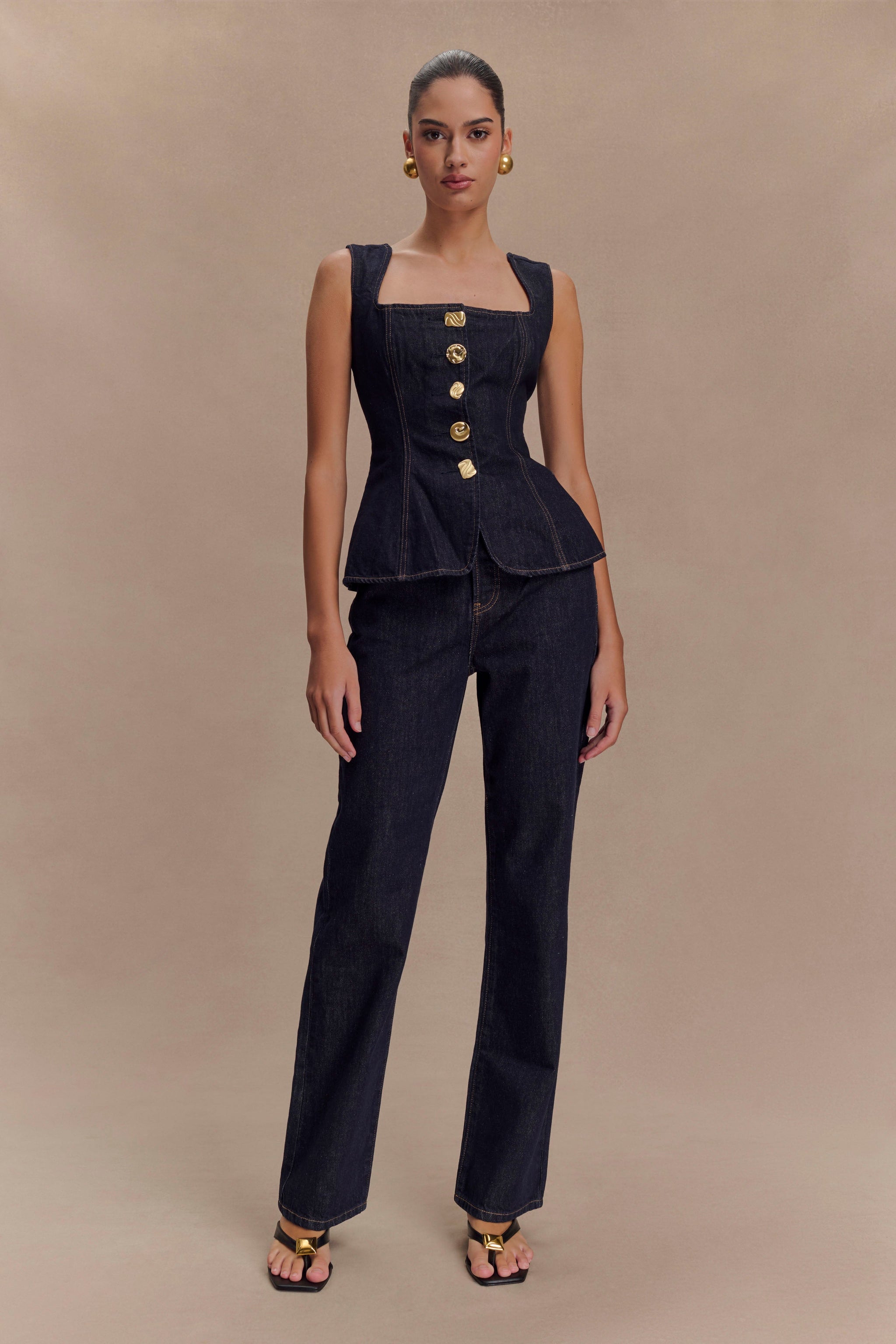 Mave : Sleeveless Buttoned Denim Top - Washed Indigo Blue