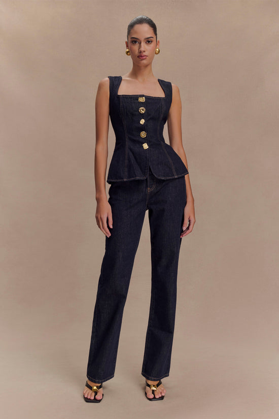Mave : Sleeveless Buttoned Denim Top - Washed Indigo Blue