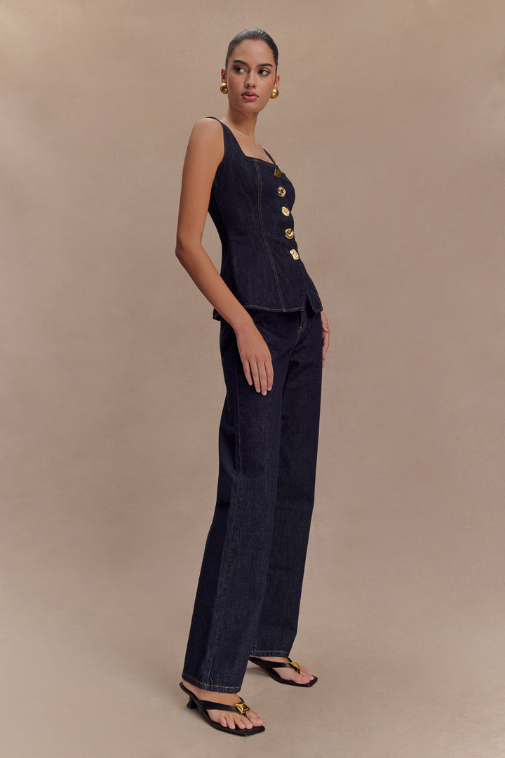 Mave : Sleeveless Buttoned Denim Top - Washed Indigo Blue
