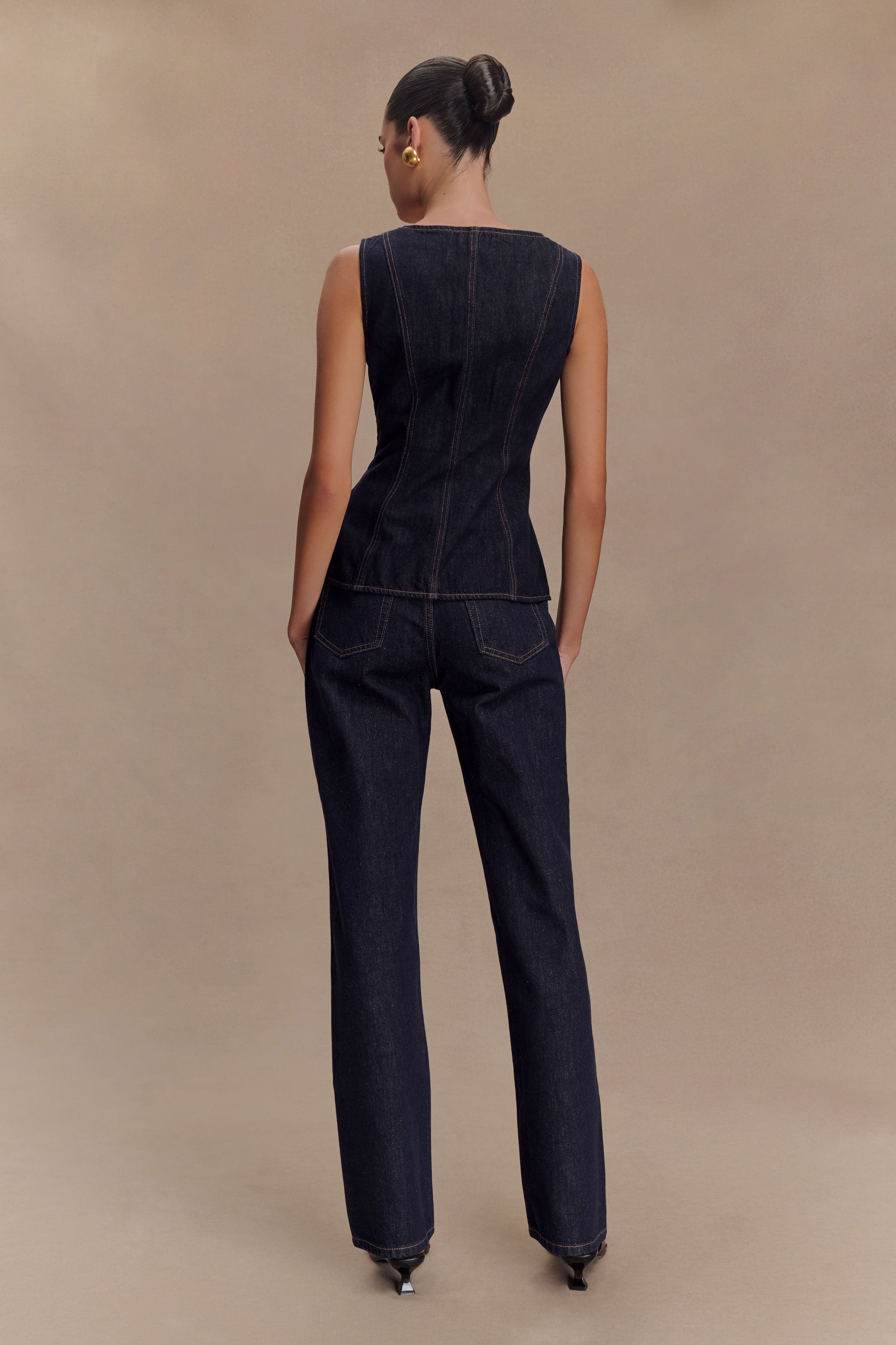 Mave : Sleeveless Buttoned Denim Top - Washed Indigo Blue