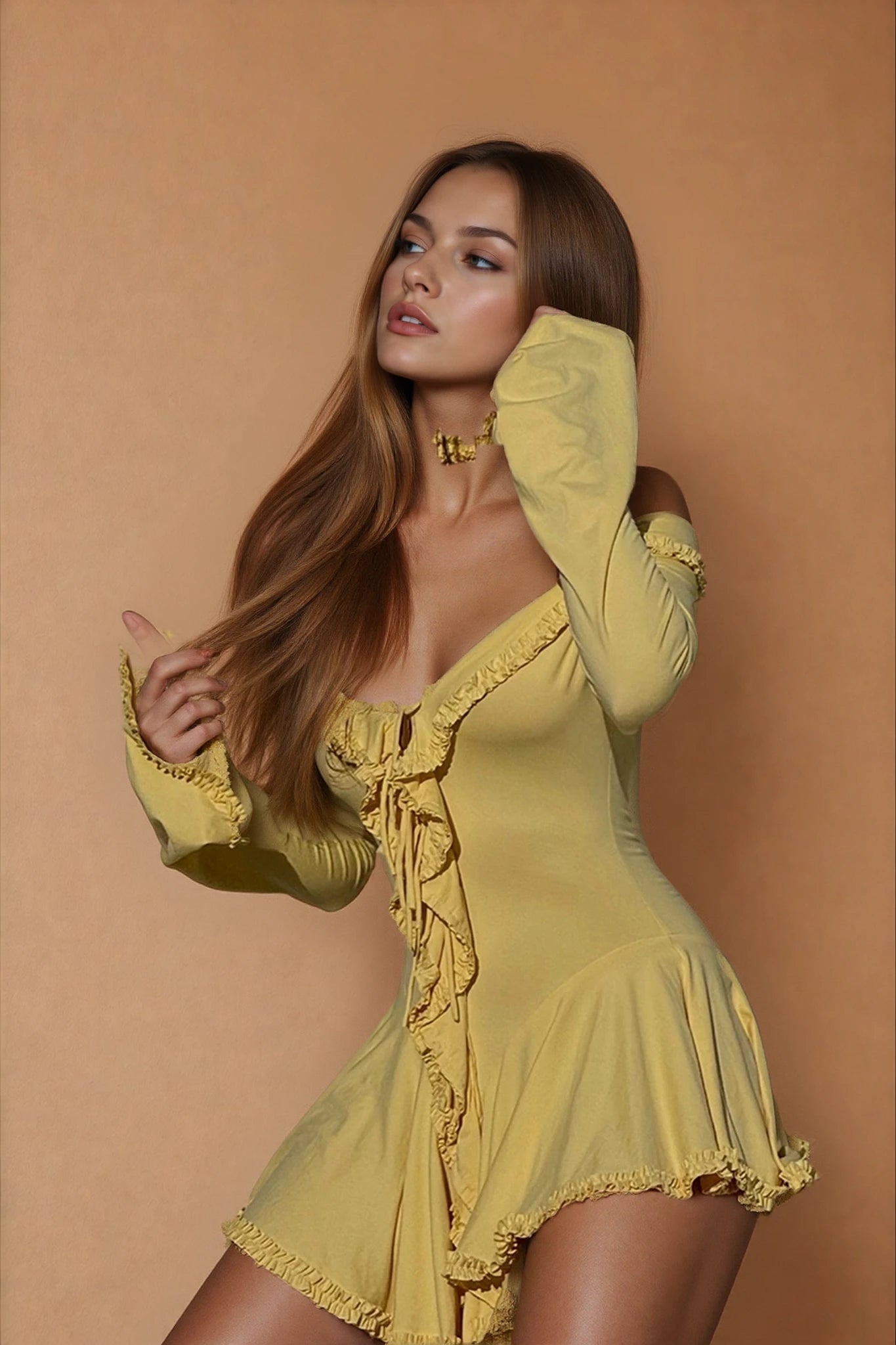 Donna V-neck Ruffle Detail Mini Dress