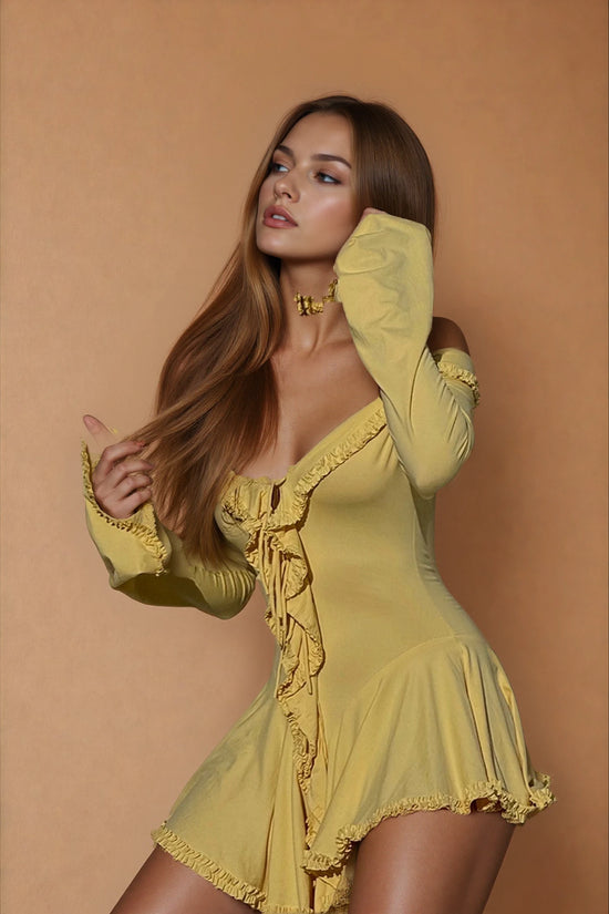 Donna V-neck Ruffle Detail Mini Dress