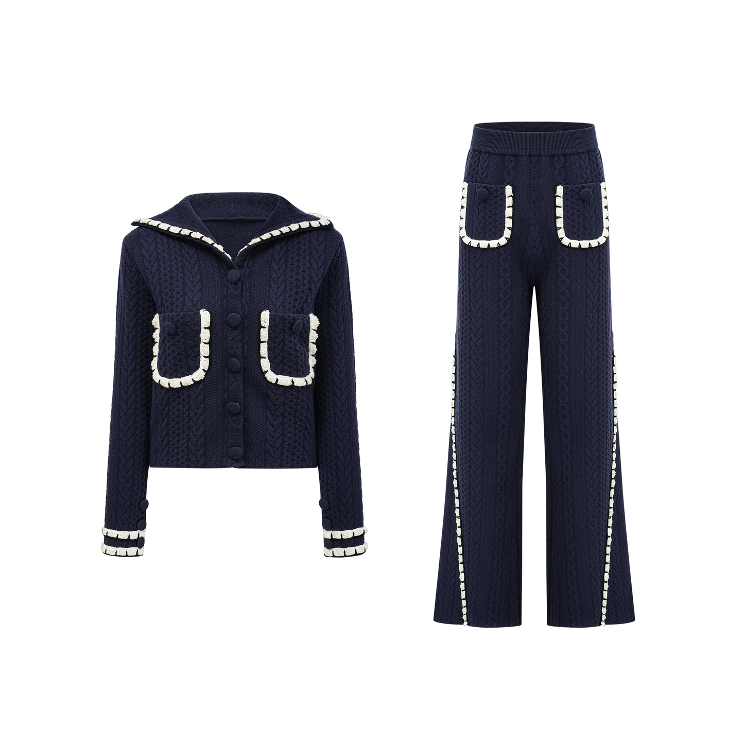Elvira navy blue crochet-knit cardigan & trousers matching set