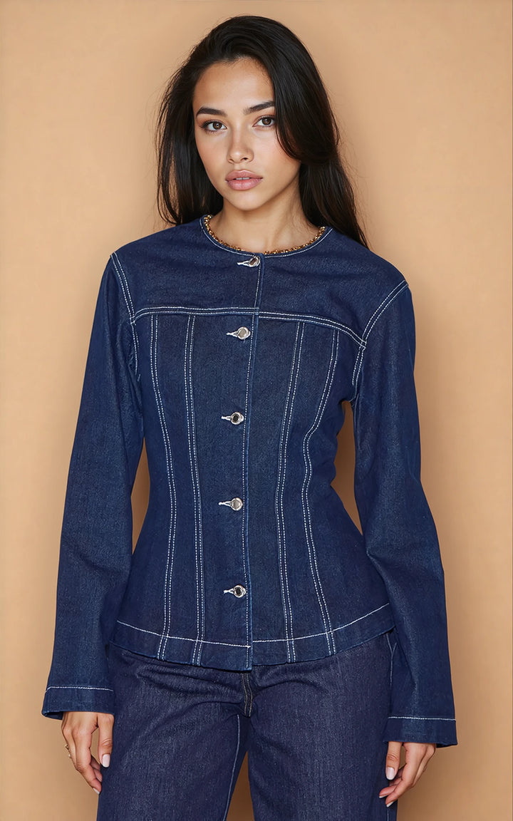 Indigo Round Neck Cinched Long Sleeve Denim Jacket image 1