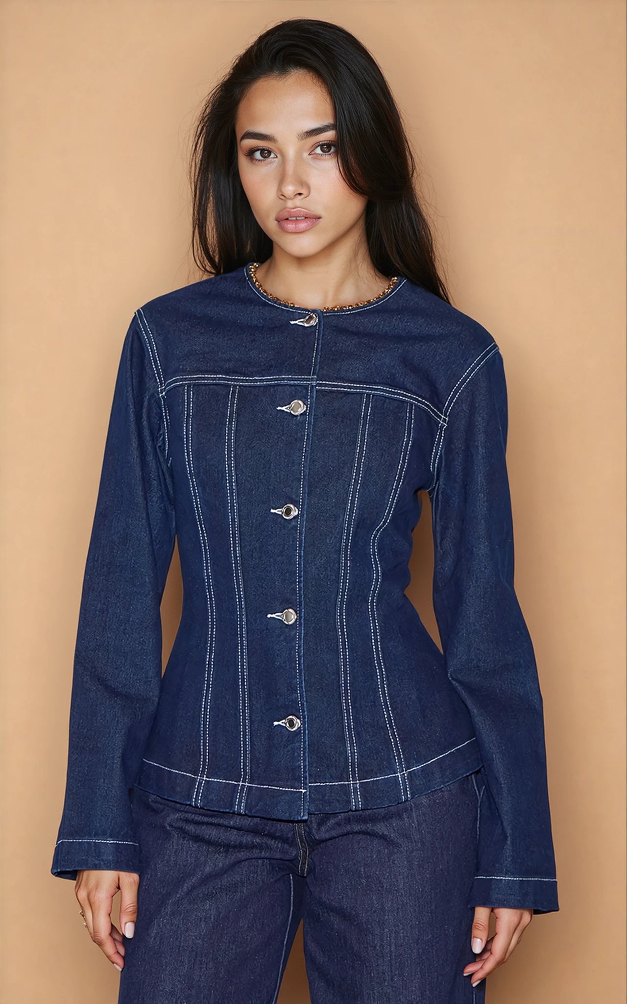 Indigo Round Neck Cinched Long Sleeve Denim Jacket
