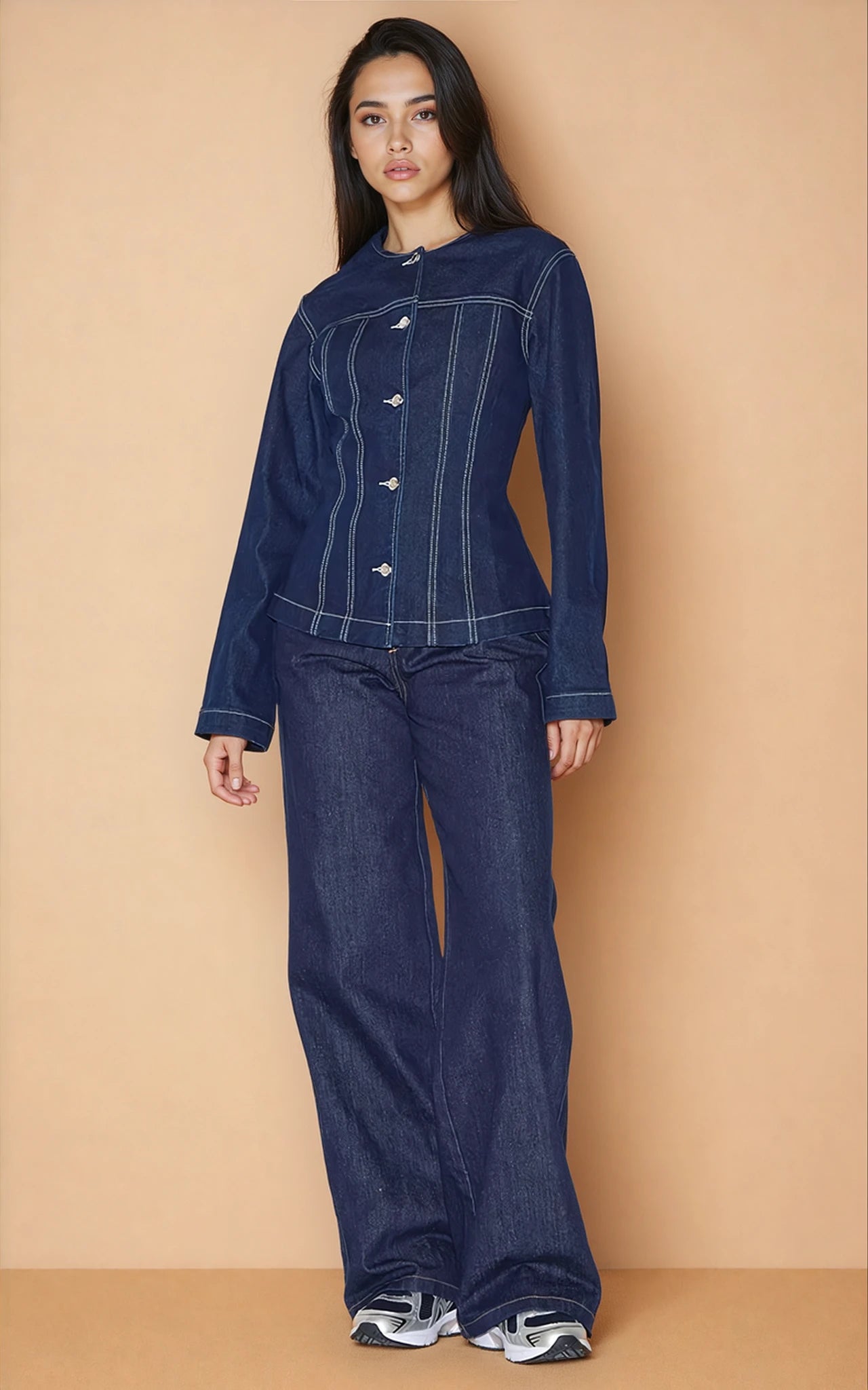 Indigo Round Neck Cinched Long Sleeve Denim Jacket