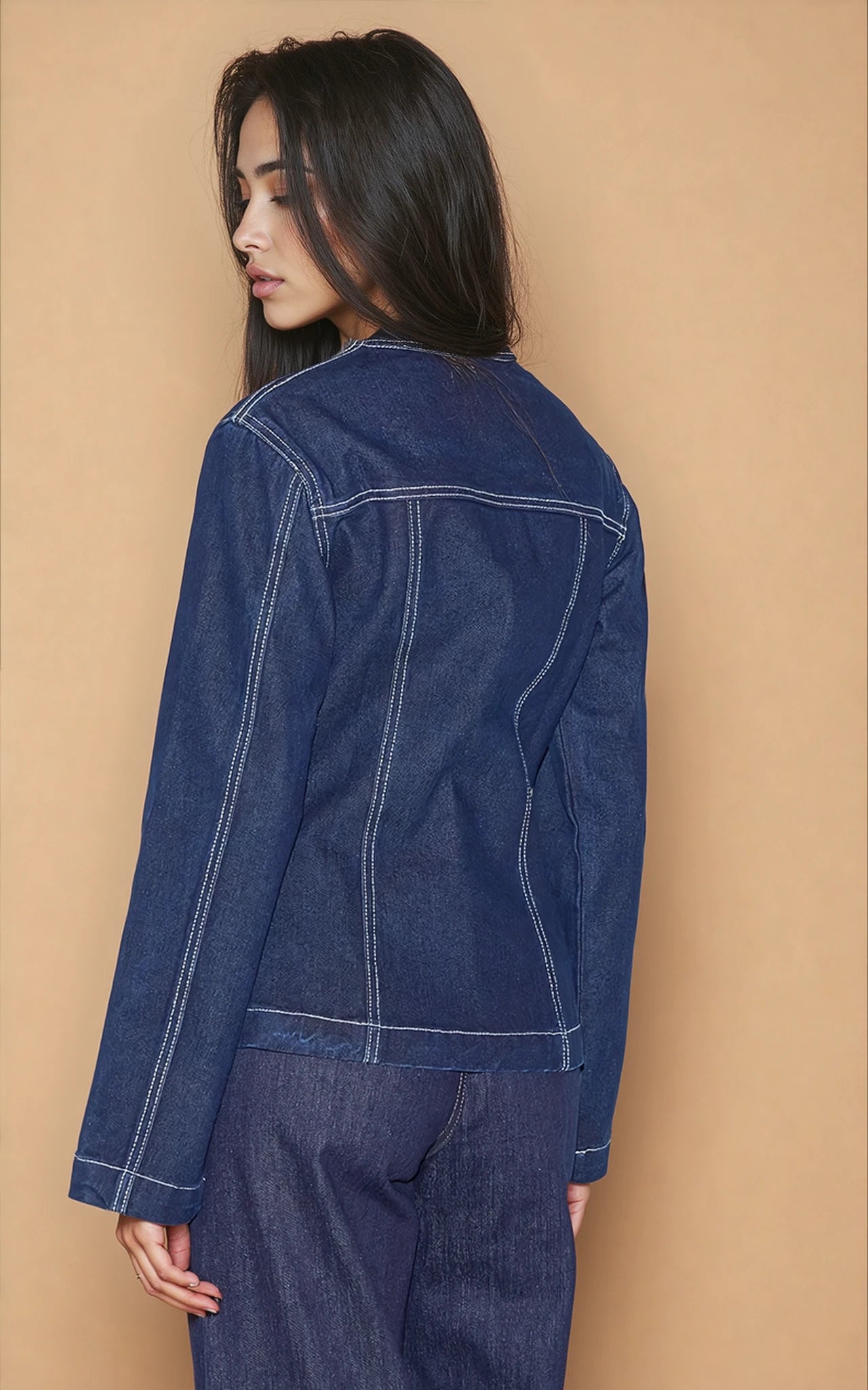 Indigo Round Neck Cinched Long Sleeve Denim Jacket image 2