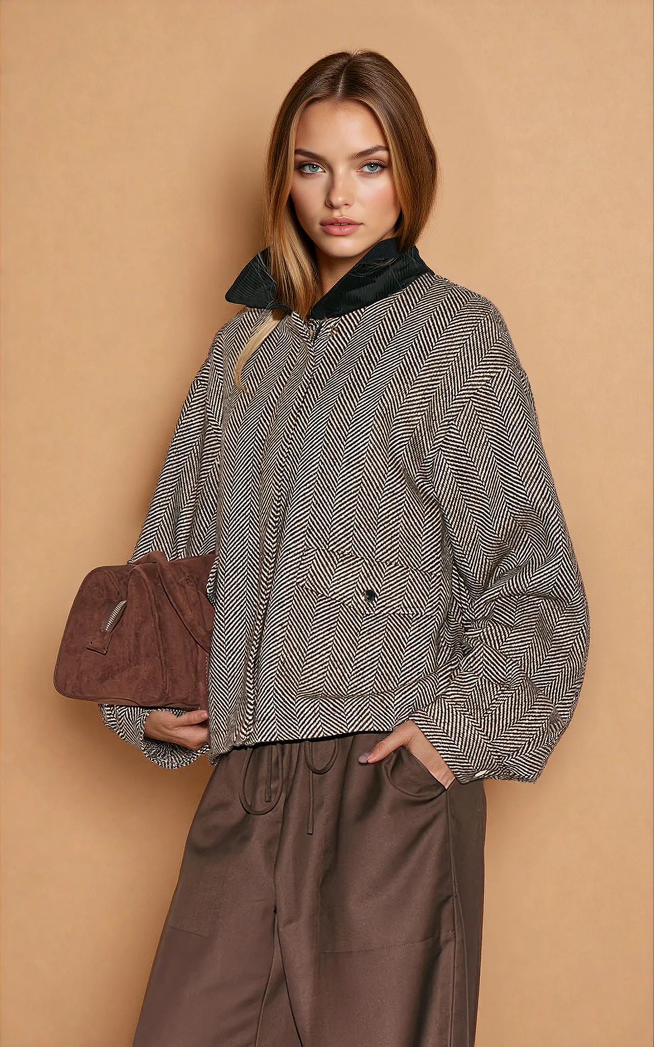 Monochrome Herringbone Contrast Collar Jacket image 1