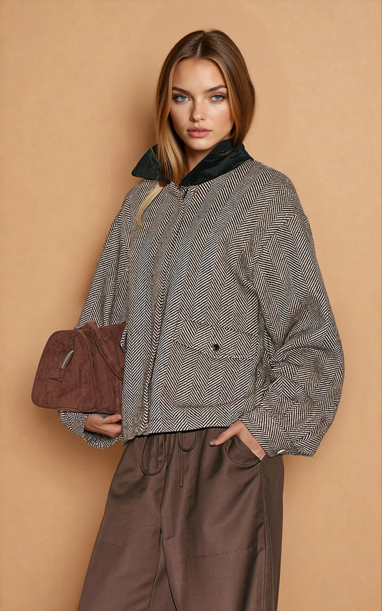 Monochrome Herringbone Contrast Collar Jacket image 1