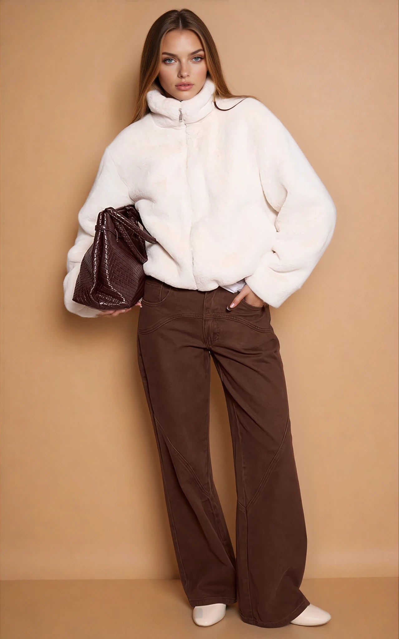 White Plush Faux Fur Cropped Bomber Style Coat image 3