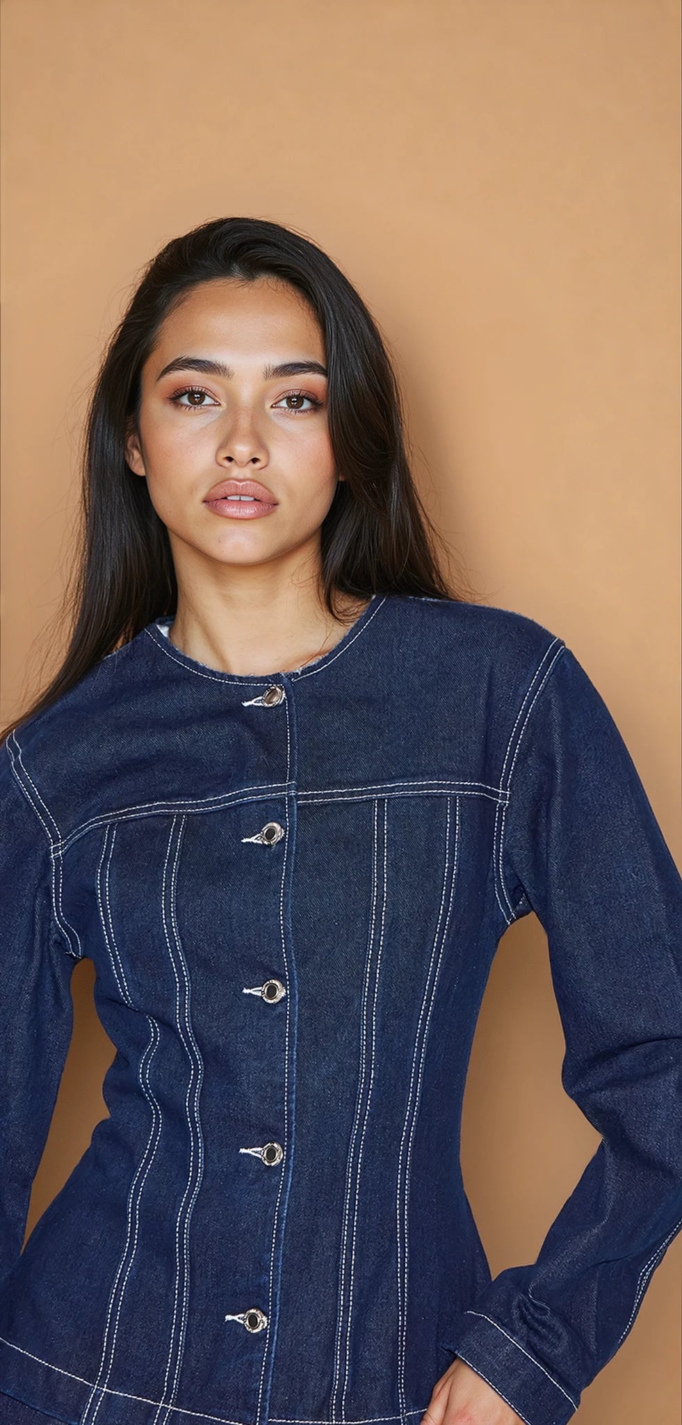Indigo Round Neck Cinched Long Sleeve Denim Jacket