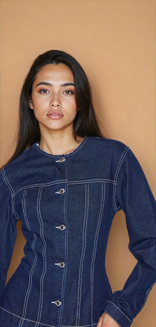 Indigo Round Neck Cinched Long Sleeve Denim Jacket