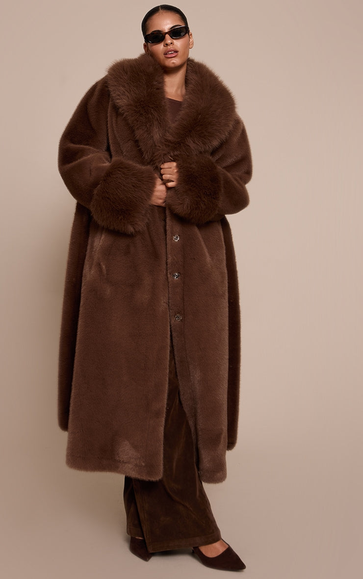 Plus Chocolate Faux Fur Self Tie Oversized Coat image 3
