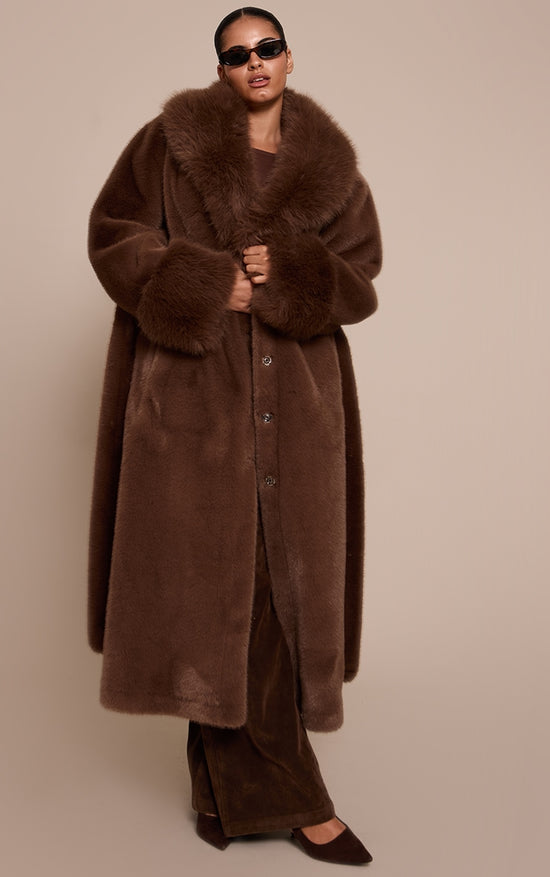 Plus Chocolate Faux Fur Self Tie Oversized Coat image 3