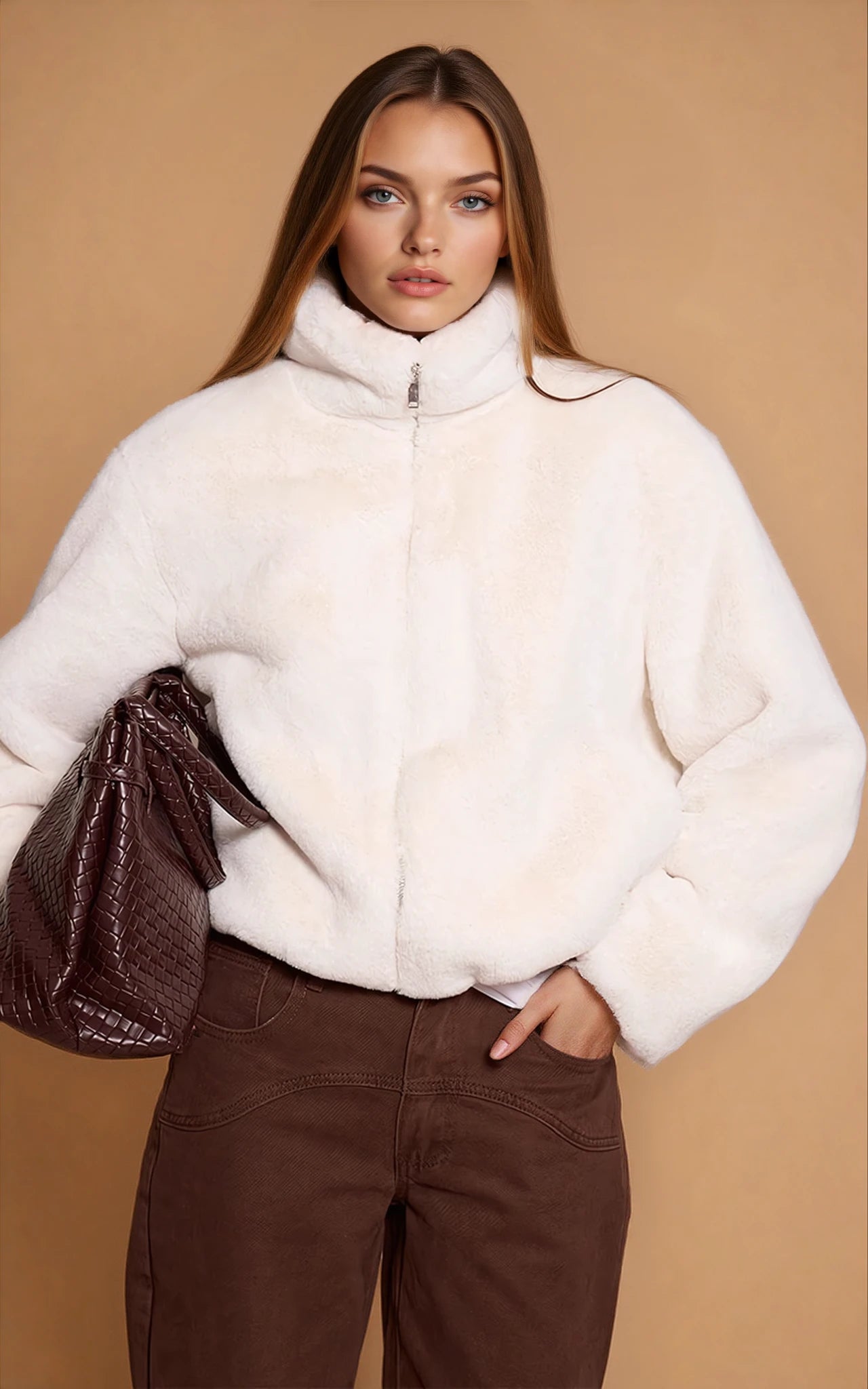 White Plush Faux Fur Cropped Bomber Style Coat