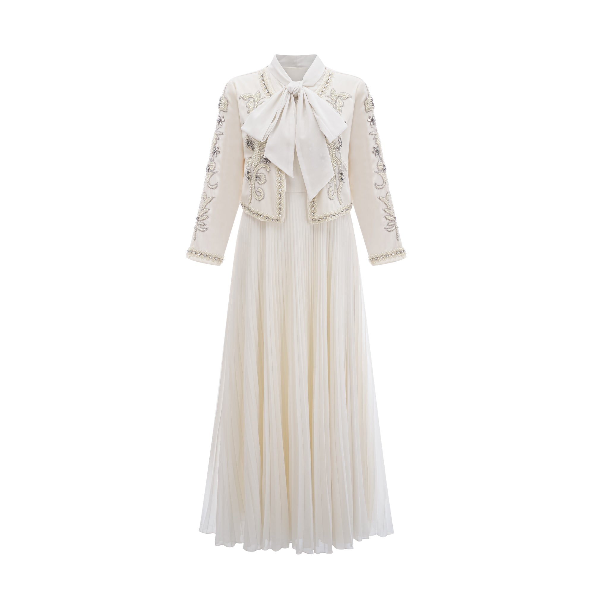Blanche White Embellished Pleated Two-Piece Jacket and Dress Set