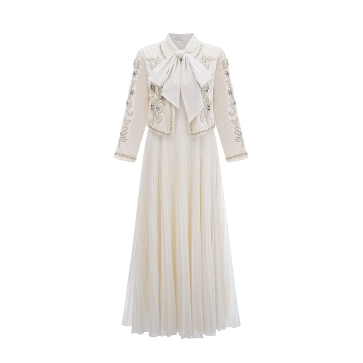 Blanche White Embellished Pleated Two-Piece Jacket and Dress Set