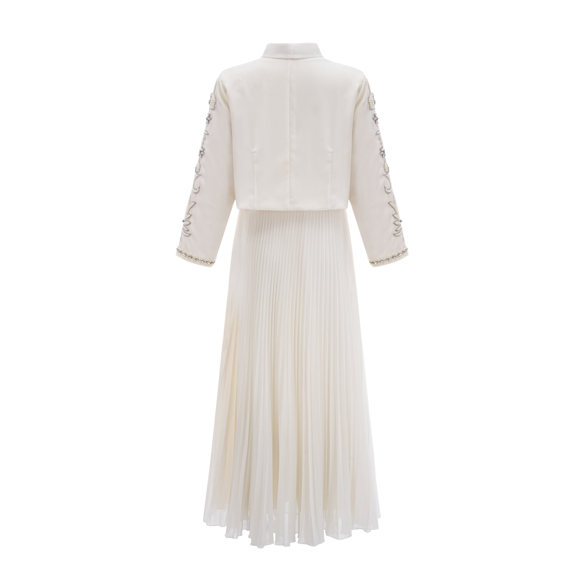 Blanche White Embellished Pleated Two-Piece Jacket and Dress Set
