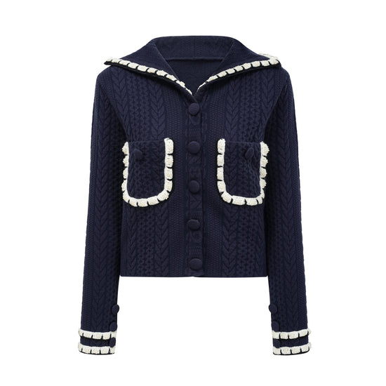 Elvira navy blue crochet-knit cardigan & trousers matching set