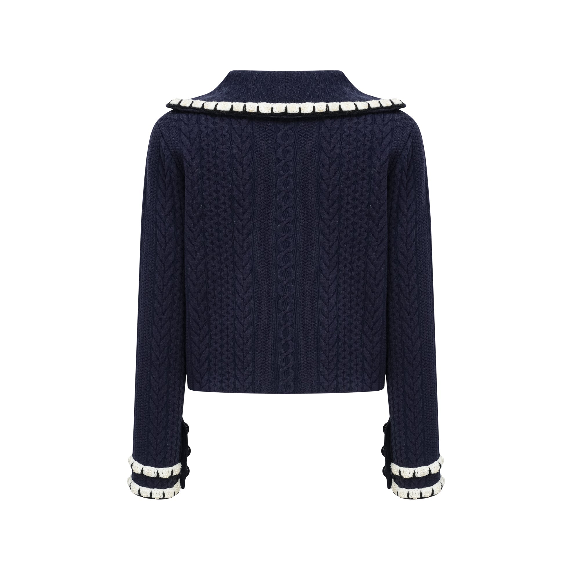 Elvira navy blue crochet-knit cardigan & trousers matching set