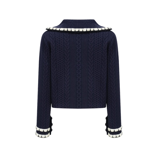 Elvira navy blue crochet-knit cardigan & trousers matching set