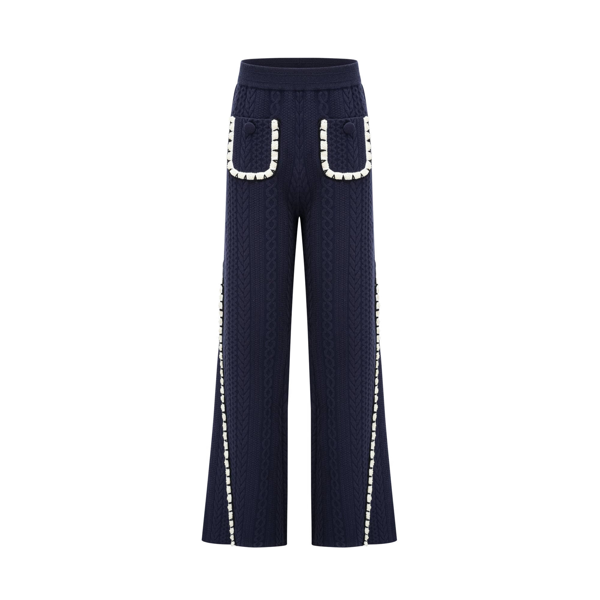 Elvira navy blue crochet-knit cardigan & trousers matching set