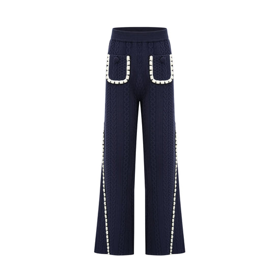 Elvira navy blue crochet-knit cardigan & trousers matching set