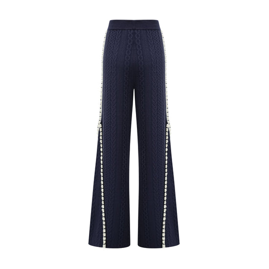 Elvira navy blue crochet-knit cardigan & trousers matching set