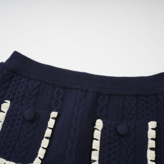 Elvira navy blue crochet-knit cardigan & trousers matching set