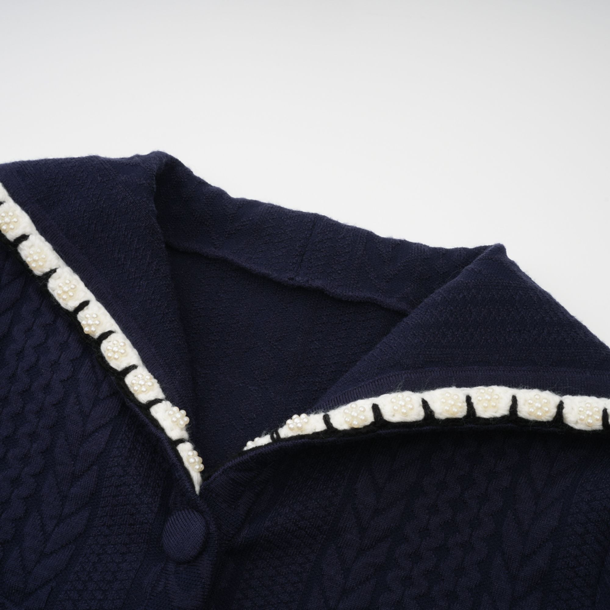 Elvira navy blue crochet-knit cardigan & trousers matching set