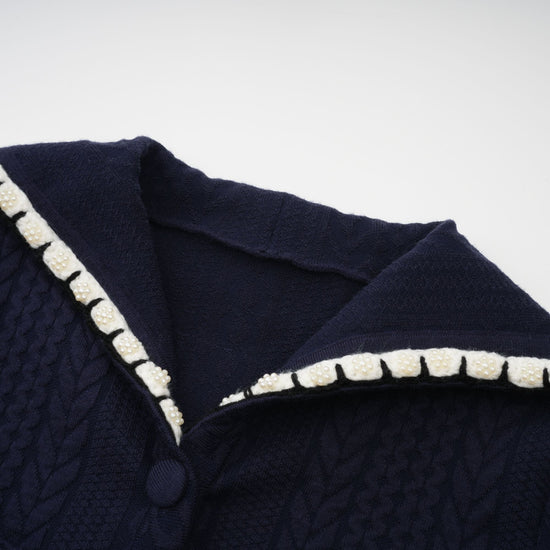 Elvira navy blue crochet-knit cardigan & trousers matching set