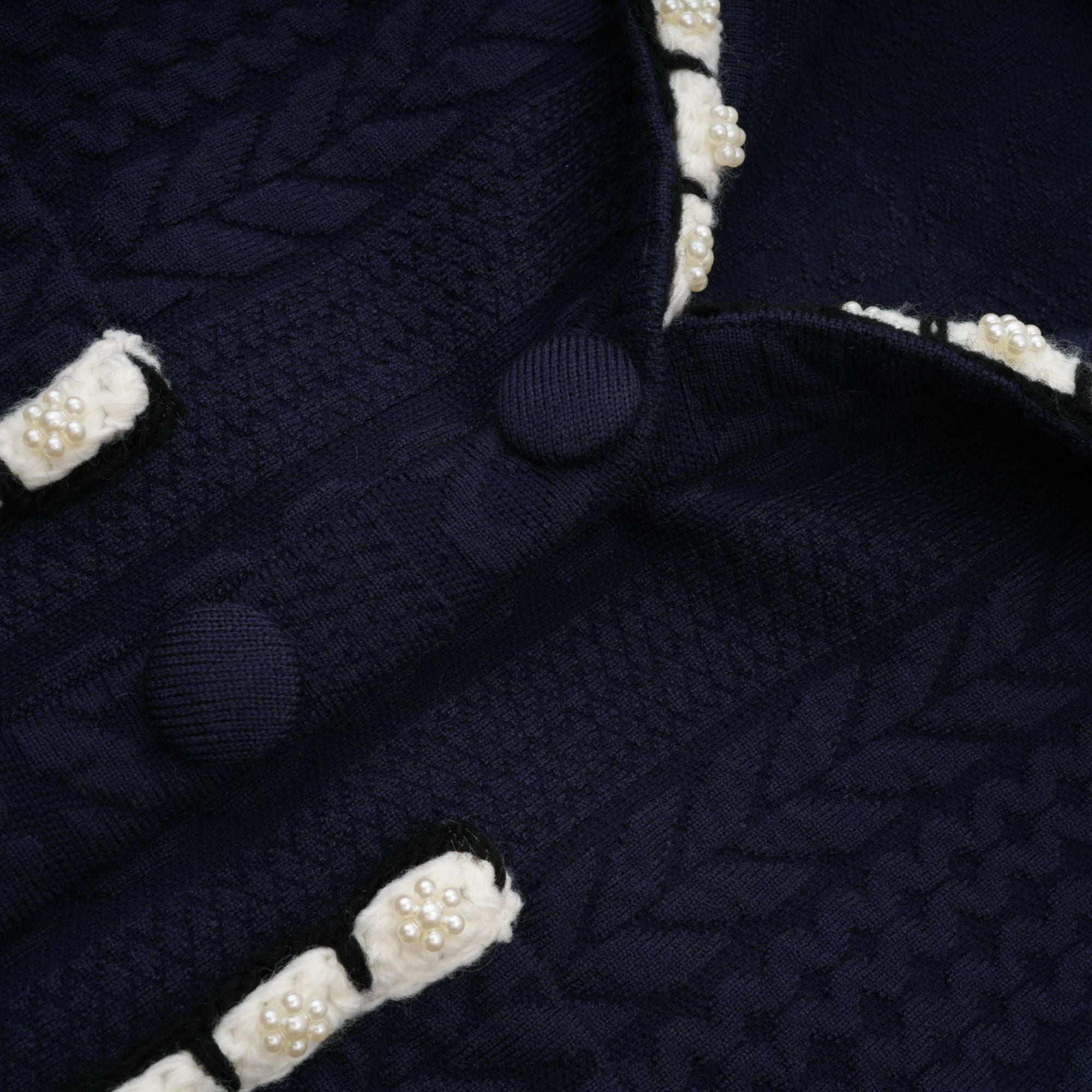 Elvira navy blue crochet-knit cardigan & trousers matching set