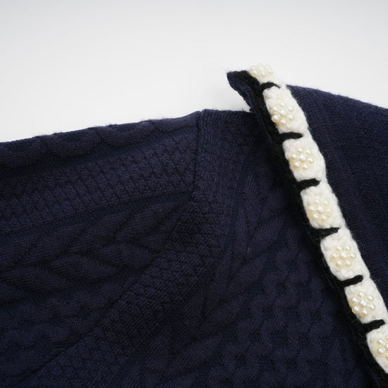 Elvira navy blue crochet-knit cardigan & trousers matching set