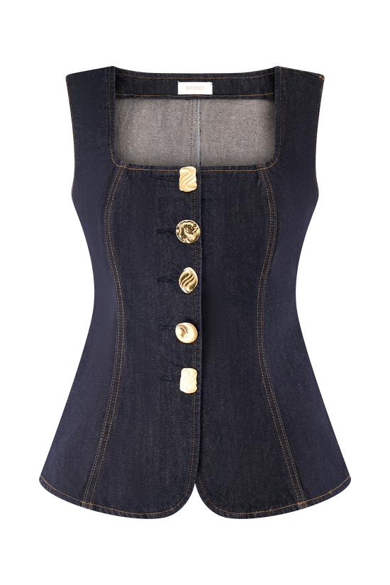 Mave : Sleeveless Buttoned Denim Top - Washed Indigo Blue