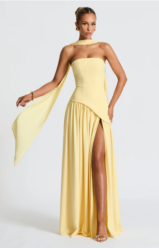 Paula Asymmetric High Slit Maxi Dress with Scarf - Lemon Yellow
