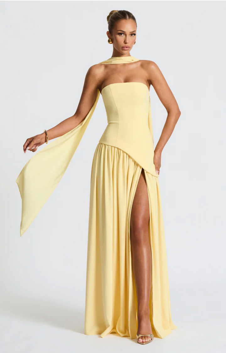 Paula Asymmetric High Slit Maxi Dress with Scarf - Lemon Yellow