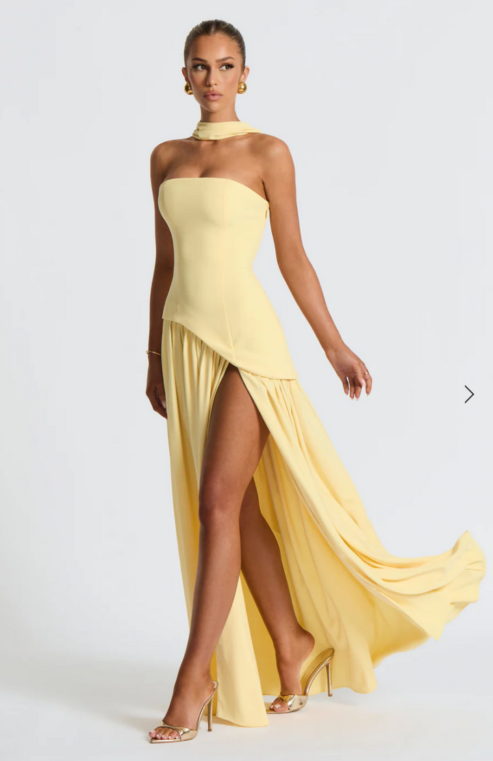 Paula Asymmetric High Slit Maxi Dress with Scarf - Lemon Yellow