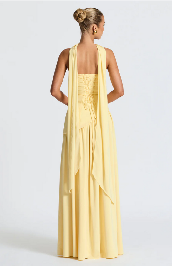Paula Asymmetric High Slit Maxi Dress with Scarf - Lemon Yellow