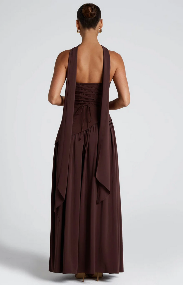 Paula Asymmetric High Slit Maxi Dress with Scarf - Plum Brown