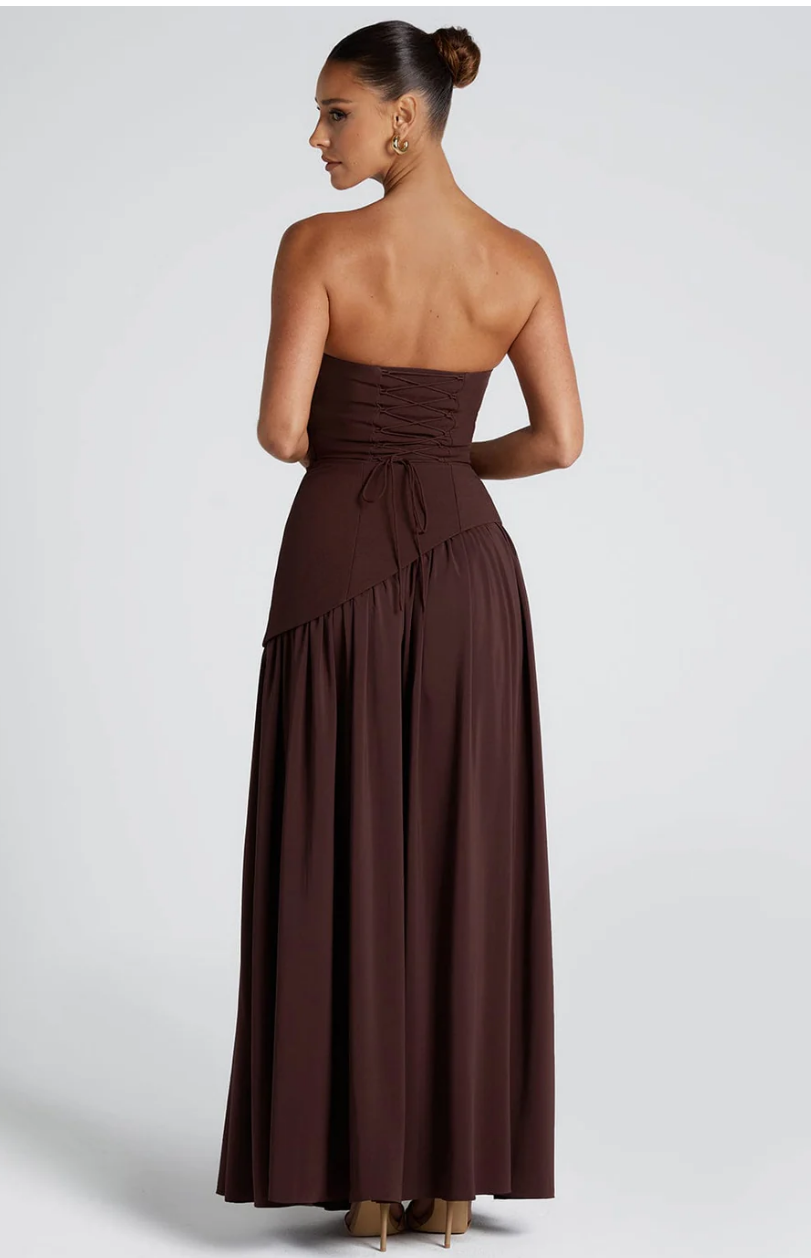 Paula Asymmetric High Slit Maxi Dress with Scarf - Plum Brown