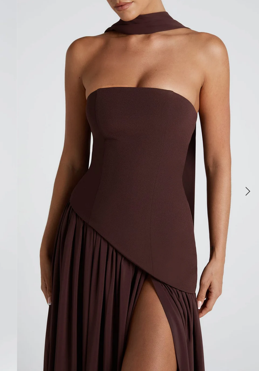 Paula Asymmetric High Slit Maxi Dress with Scarf - Plum Brown