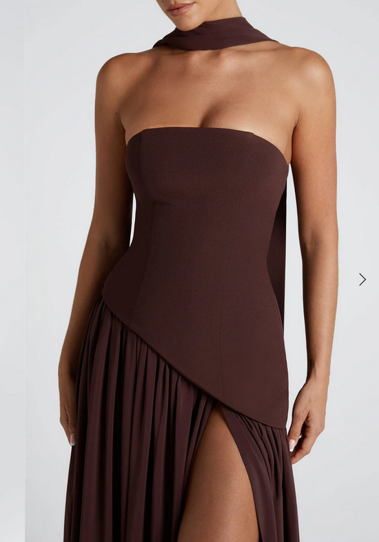 Paula Asymmetric High Slit Maxi Dress with Scarf - Plum Brown