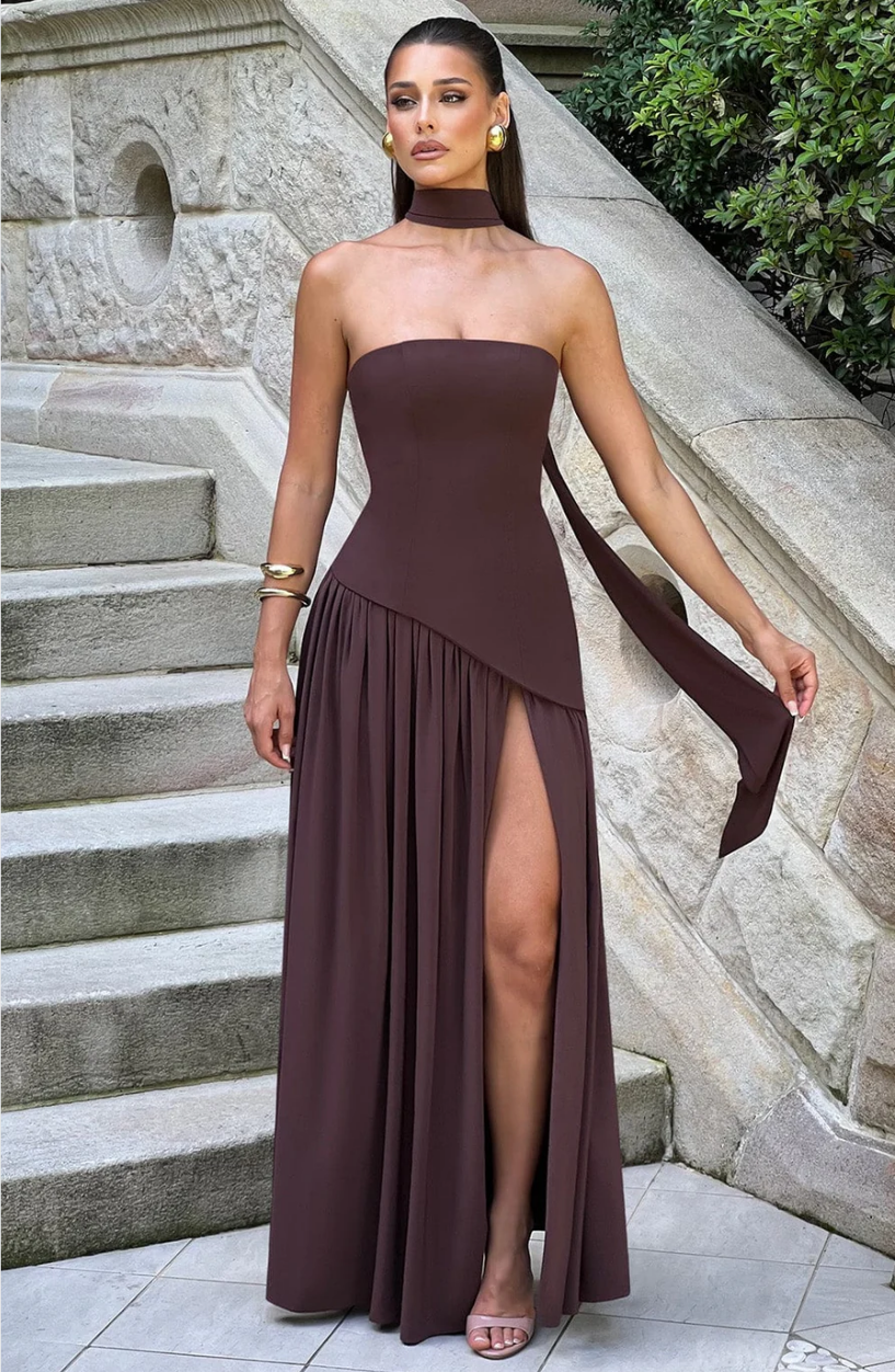 Paula Asymmetric High Slit Maxi Dress with Scarf - Plum Brown