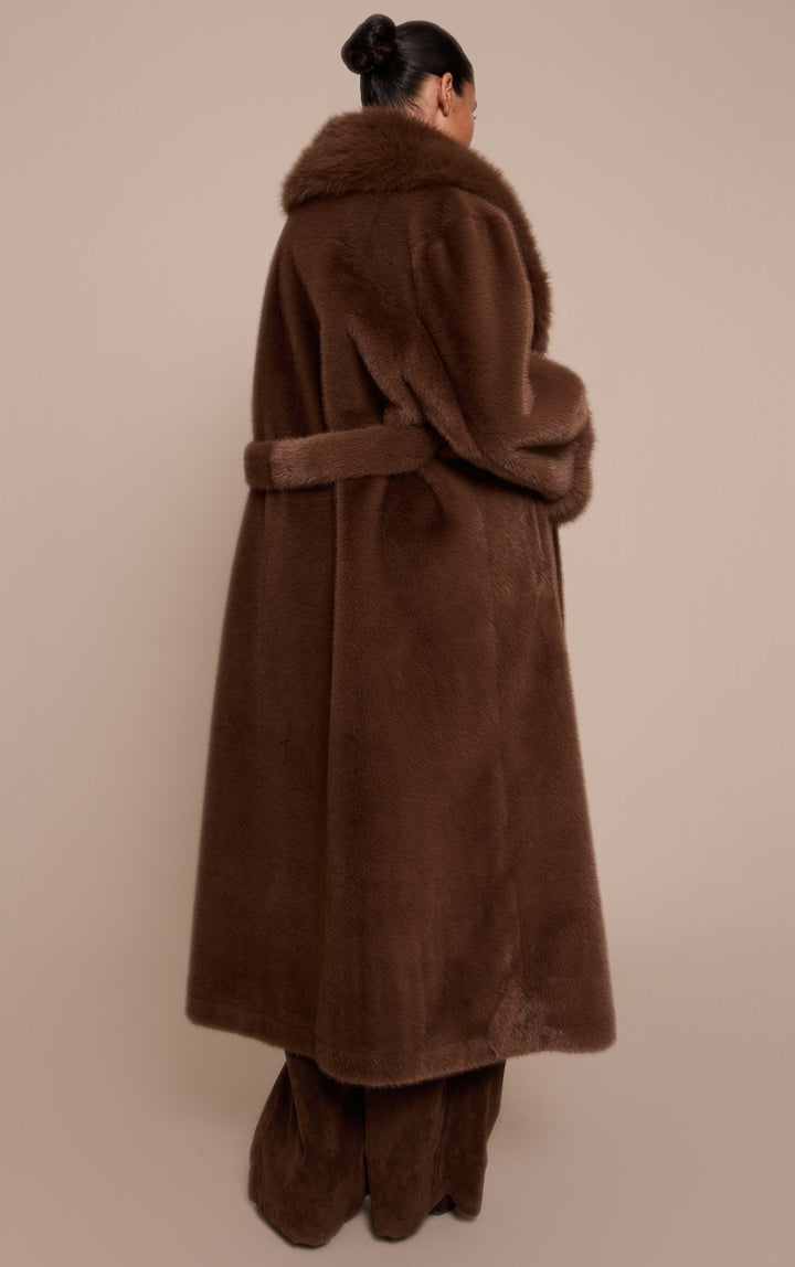 Plus Chocolate Faux Fur Self Tie Oversized Coat image 2