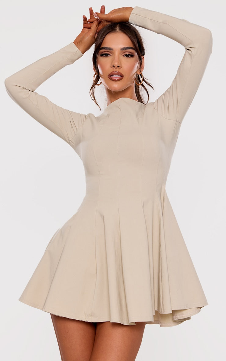 Stone Stretch Woven Boat Neck Long Sleeve Pleated Shift Dress image 4