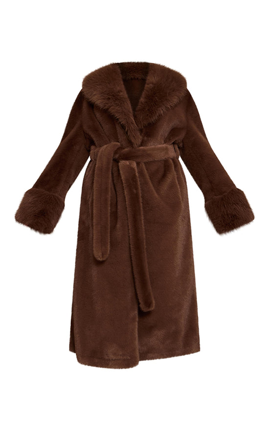 Plus Chocolate Faux Fur Self Tie Oversized Coat image 5