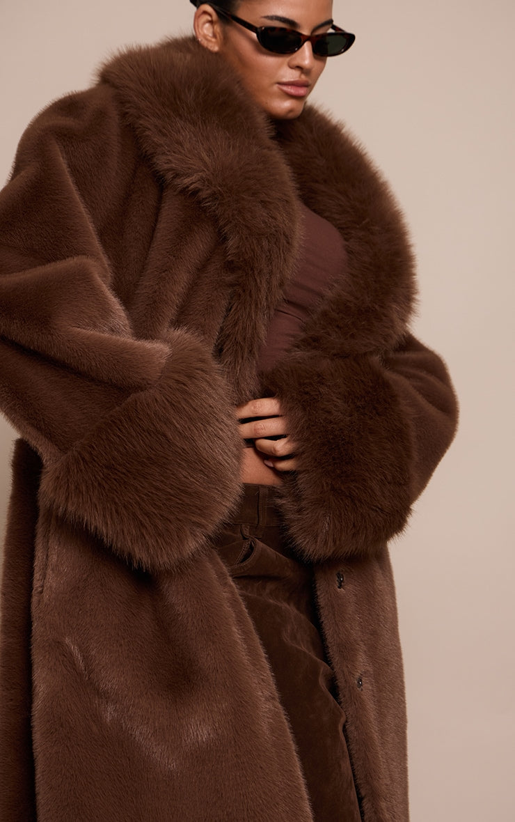 Plus Chocolate Faux Fur Self Tie Oversized Coat image 1
